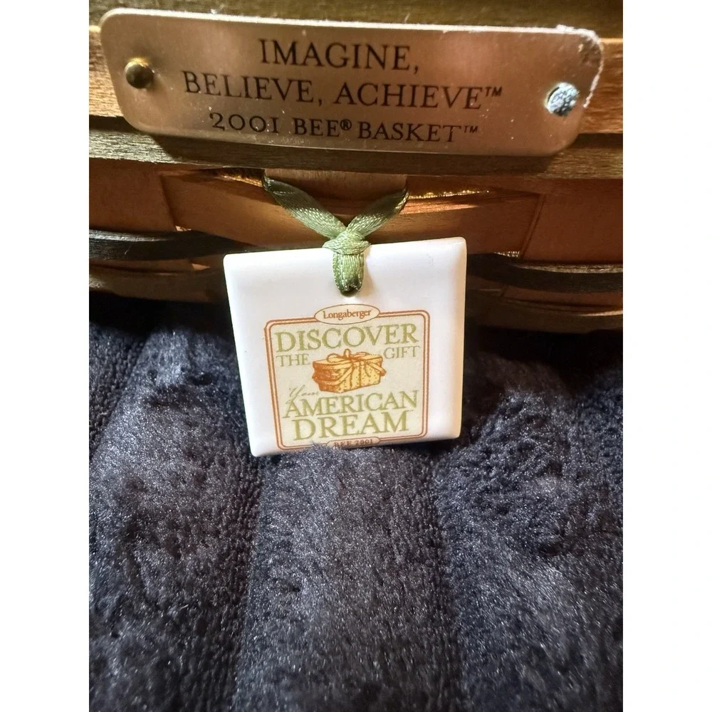 Longaberger 2001 Imagine Believe Achieve Bee Basket With Liner Protector Tie-On